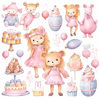 Clipart image, baby girl birthday party, clothes for princess, mix of poses and expressions, cakes, balloon, bear plushies, space out, cute, little princess, white pink inspired, white background