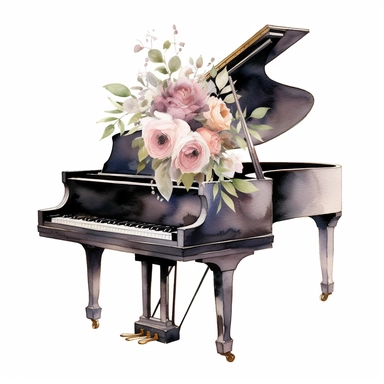 baby grand piano floral clipart, watercolor style, white background