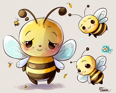 vector drawing for clipart of a cute sad be, the be has a sad expression on its face, image is on a white background, bee is the focal point, nursery watercolor, in the style of watercolor painting, white background, charming anime characters, cute and colorful, depiction of animals, high quality, multiple poses