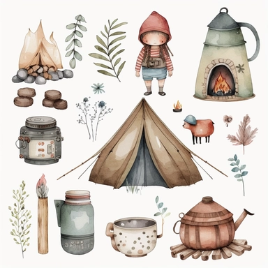 Watercolor boho camping illustrations clipart set, simple, soft colors, cartoon elements, different variants, cute little boy, tent, campervan, camping related items, pots, bonfire, , separate elements with a margin