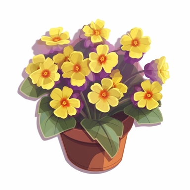 Isometric Sticker Clip Art of Primroses, Primula Flower, in flower Pot, children friendly, illustrated in a realistic style, perfect for any special occasion, cut out in the shape of Primroses, with no visible background, giving it the appearance of a sticker, conveying a mystical and whimsical mood, edited with Adobe Photoshop to adjust brightness and contrast, rendered as a transparent PNG file with a high resolution to ensure a crisp and clear image with no pixelation, suitable for various ap