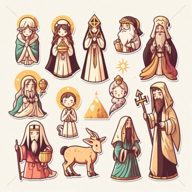 vector sticker design, anime style Christmas nativity clipart, white background, flat colors