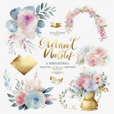 watercolor marriage anniversary clipart collection, white background, white, pink, blue and gold illustrations