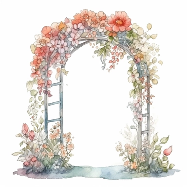 watercolor clipart of a wedding arch in a flower garden, colored pencil drawing, good composition, vector, contour, isolated white background, 16k
