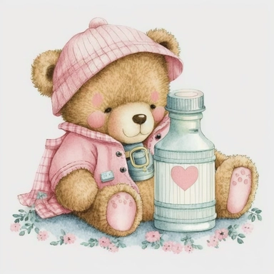 an ultra Cute little newborn baby teddy bear wearing pink traditional classic striped pyjamas and bedtime hat with a pink baby bottle of milk and a pink pacifier sitting on a pink fluffy rug, watercolour, cute,, bedtime, sleepy, dreamy, isolated on white background, Clipart