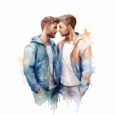 Watercolor drawing of a handsome dreamy gay couple, men couple, romantic watercolor clipart, white background, isolated on white, 8k, watercolor style