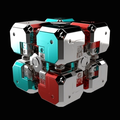3d model of steampank chrome cube, silver+turquoise+red , clipart, black background