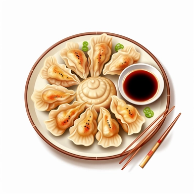 Picture a vibrant clipart of a plate of steaming gyoza dumplings. The individual pieces showcase their classic half-moon shape and distinctive pleated edges. A small dish of soy and vinegar dipping sauce is nearby, ready to complement the savory dumplings. This appetizing scene is highlighted against a contrasting white background.