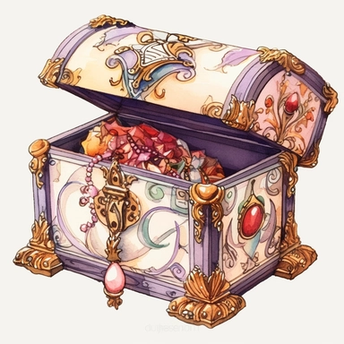 Victorian Jewelry Box: Create a clipart of a luxurious Victorian jewelry box, embellished with intricate patterns, velvet lining, and compartments for storing rings, necklaces, and bracelets, watercolor Clipart, watercolor Sublimation graphics, hand drawn illustration by james christensen style, Watercolor clipart, single design, single object, print on demand image, PNG transparent background, white background for removing background - - no text shadow font watermark, 8k