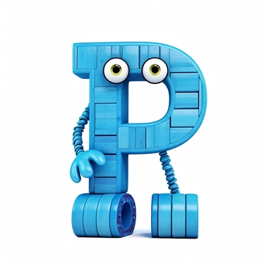 clipart style blue letter P with black line, with arms, legs and friendly cute face for children, isolated, white background,