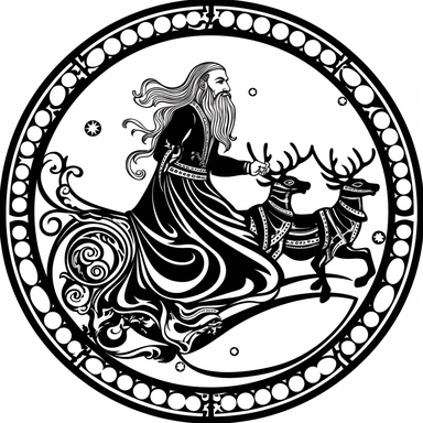 Left aligned, bottom aligned, quarter of a circle, art nouveau style, black lines, detailed, flat design, simple design, sleigh and reindeer, white background, clipart style, black and white,
