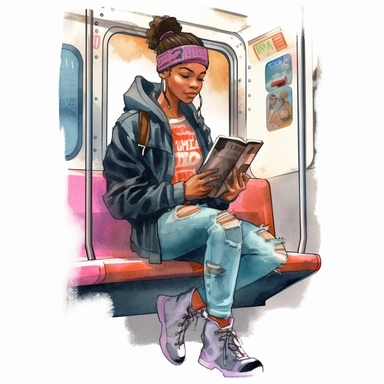 watercolor clip art image of a black teenage girl wearing hip-hop clothes holding a magical book, on the subway