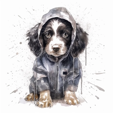 cute watercolor black and white spaniel puppy illustration, clipart, high detail wearing a fluffy raincoat with rain and puddles. high detail hd 8k, watercolor background,