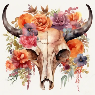 longhorn skull bull a lot of red boho flowers watercolor clipart