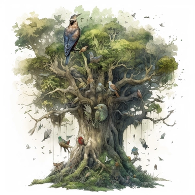 high level watercolor, hyper realistic, white background with margins, 8k, ultra detailed clipart, large, futuristic, A wise old tree spirit with a kind face, reaching out its branches to shelter a family of birds, surrounded by dappled sunlight, cool, fairy, dark of green
