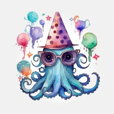 watercolor octopus clip art, sunglasses, birthday hat, in the style of whimsical storytelling, storybook illustration minimal, graphic illustration, matte colors, 2d flat, vector, transparent background