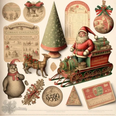 die-cut christmas clipart vintage ephemera, victorian toys, photorealistic drawing NO: [“watermark, signature, write, number, word”]