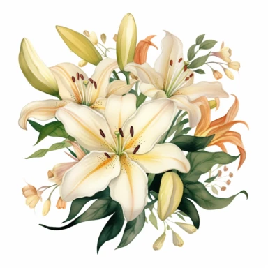 cream colloured lilies, wedding bouqet, white background, watercolour, clipart
