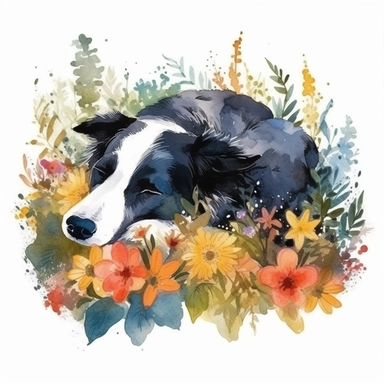 Lazy Dog Sleeping in garden over Flowers and Leaves ,Isolated,Watercolor Clipart