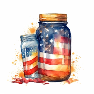 fireworks, shades of American flag, patriotic, beer jar, celebration, aquarelle, clip art illustration