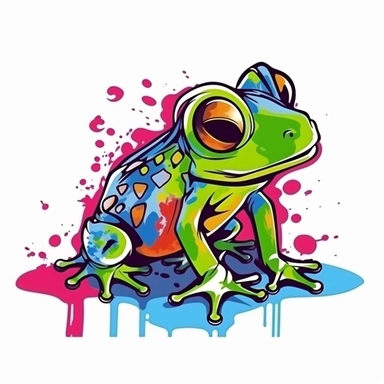 cute realistic frog in the style of colorful splatter graffiti, sticker, clipart, vector, contour, colorful paint, white background