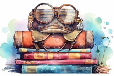 watercolour steampunk vintage stacked book with goggles clipart, hd, isolated on white background, spaced out