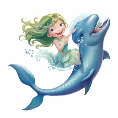 Imagine a playful clipart mermaid with a blue and green tail, riding a friendly dolphin through sparkling waves, their laughter echoing in the air against a white background.