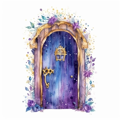 cartoon fairy door, glowing lights and sparkles, purple gold and blue, glamorous realistic and detailed, watercolor, white background with margins, clipart style
