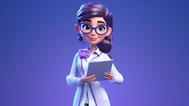 3d render. Cartoon character caucasian woman doctor holds clipboard, wears glasses and uniform. Medical clip art isolated on blue violet background. Healthcare consultation