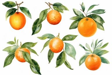 Watercolor clipart collection of matching and coordinating oranges with green leaves, isolated elements on a white background with a wide margin