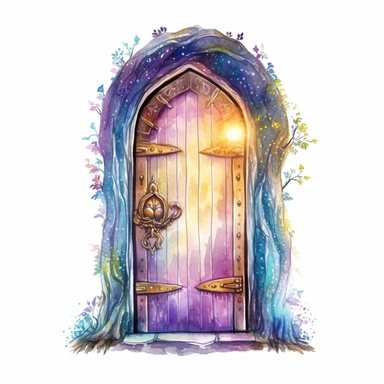cartoon fairy door, glowing lights and sparkles, colors of green purple gold and blue, glamorous realistic and detailed, watercolor, white background with margins, clipart style