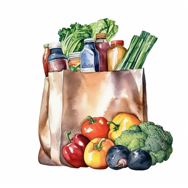 watercolor detailed illustration of Grocery bag with a variety of groceries peeking out, clipart, white background