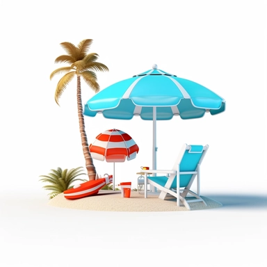 3d island paradise beach with beach chair and sunshade clipart in animation style, in solid white background, summer vacation, bright color, high resolution, 8K,