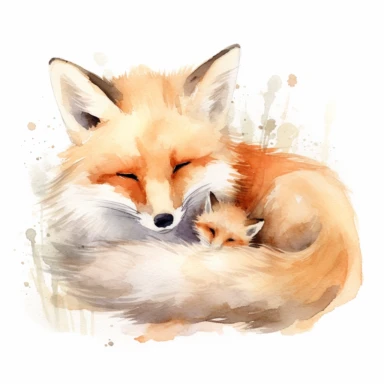 Watercolor clipart of a fox cub and its mother snuggling up for a nap, on a completely white background.