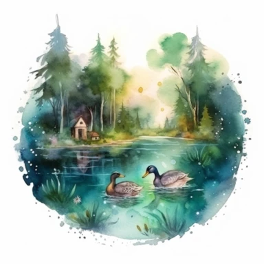 a fairytale style over realistic fairy lake in the forest with watercolor effect, swimming cute mallard ducks,green big forest,twinkles,fireflies,suitable for digital clipart,white background