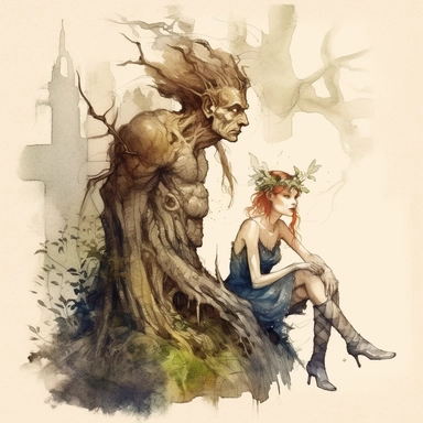 watercolor clipart elf woman with pointy ears with another man elf watching each other surronded by wood roots and nature