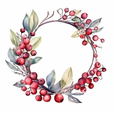 watercolor wreath cranberries pastel color clipart, hd, on white background