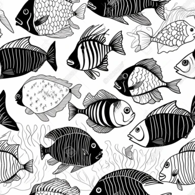black and white ocean clipart, coral, fish, simple