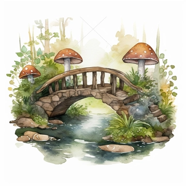 Illustrate a watercolor bridge crossing a gentle forest stream, decorated with enchanted forest elements such as mushrooms, ferns, and moss-covered logs. This design can be incorporated into various clipart compositions or used as a standalone element for
