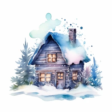 watercolor clipart of a cute winter hut, sparkles, cosy winter wonderland vibes, isolated on white background