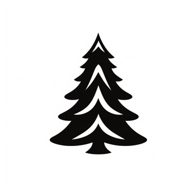 black and white silhouette of a christmas tree icon, clipart style, white background, thick lines, vector, simple design, flat colour, solid colour
