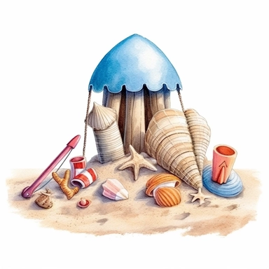 beach shore, shells, beach ball, chairs, towels, sand castle clipart