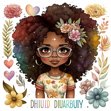 2d watercolor clipart kawaii, spring, april, character of beautiful african american woman, Intricately rendered dark Skinned woman, full body portrait, intricately rendered, 8k, long thick curls brown hair, sparkles, generously detailed, hyper realistic, digital, long rainbow eye lashes, beautiful retro comic urban chick, smart, books, nerdy, glasses, 8k,