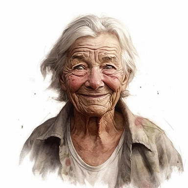 cinematic farm old woman, smiling, surrounded by white background, clipart, wide shot, very detailed, watercolor illustration, white background, cinematic, ultra hd,