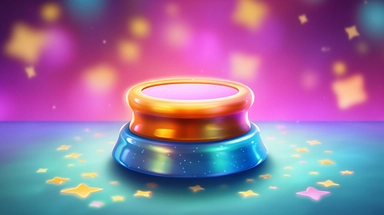 a cartoon illustration of a very small shallow short squat low pedestal base, with decorative trim, on a colorful abstract sparkley stars background, spotlights pointing at it, clipart, rendering, bokeh rounded shapes