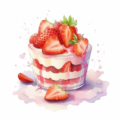 strawberry dessert, pastel colors, light watercolor, few details, dreamy, Studio Ghibli, clipart, white background
