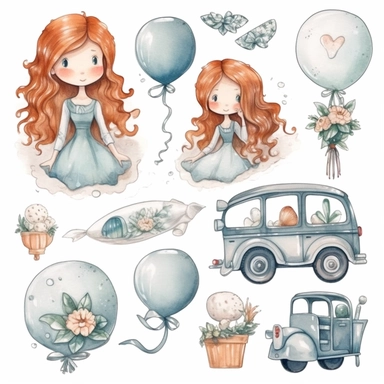 Wedding rings tied with a ribbon, cute kawaii wedding illustrations clipart set, ILLUSTRATIONS FOR THE BOOK, cartoon elements, different variants, girl with long hair in a wedding veil, wedding, husband and wife Love, Hearts balloons, veil, garland, wooden elements, sit on a bench, on the car, white transparent background separate elements with a margin Watercolor
