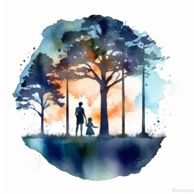 Watercolor clipart open book with silhouette of mother and daughter in it with internal open forest