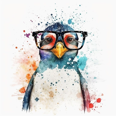 Winter, christmas, white background, watercolor, penguin with glasses, clipart, colorful