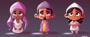 cute indian characters clipart, in the style of traditional techniques reimagined, dark white and light magenta, firecore, humanistic empathy, #vfxfriday, neogeo, humble charm